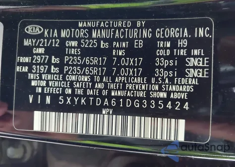2013 Kia Sorento Lx from USA, damaged, VIN 5XYKTDA61DG335424